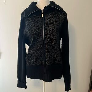 Women’s Black “White House Black Market” Zip Up Sweater with Gold Details